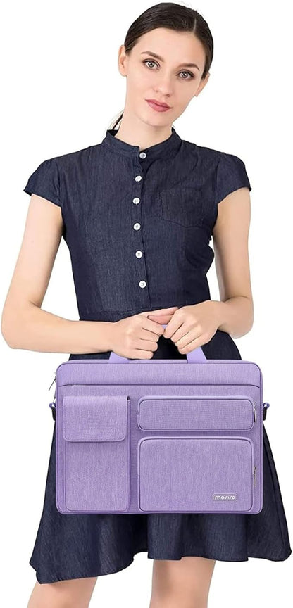 MOSISO Laptop Shoulder Bag 15.6 inch, 15-15.6 inch Computer Bag Compatible with MacBook Pro 16 inch, HP, Dell, Lenovo, Notebook with 2 Raised&1 Flapover&1 Horizontal Pocket&Handle&Belt, Purple