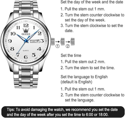 Men's Casual Stainless Steel Watch, Big Face Easy to Read Analog Quartz Watch with Day and Date, Classic Waterproof Diamond Roman Arabic Numerals Dial Dress Watch for Men, Gold Silver Black Band
