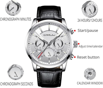 CRRJU Men's Business Casual Chronograph Quartz Waterproof Wristwatch Black Leather Strap