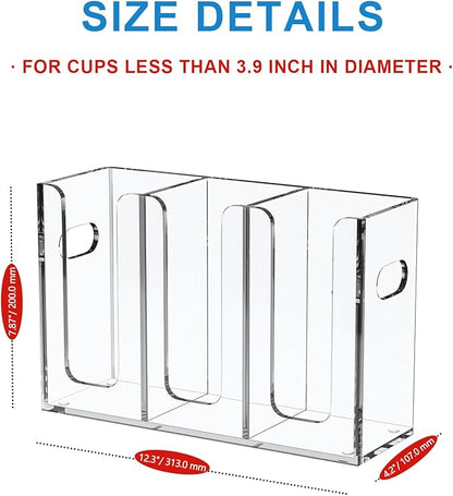 WINFFOR Disposable Cup Organizer Dispenser - 3 Compartments Clear Acrylic Cup and Lid Holder with Handles Plastic Cup Dispenser Countertop Paper Cup Holder for Coffee Bar House Party Essentials