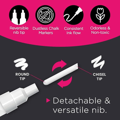 White Chalk Markers Fine Tip 4 Pack — 3mm Wet & Dry Erase Chalk Pens for Blackboards & Glass