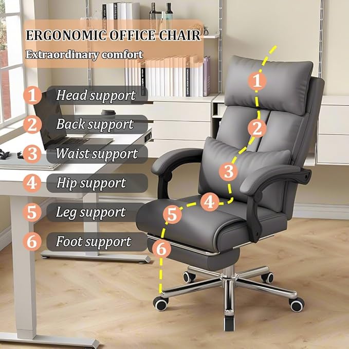 Big and Tall Office Chair, Reclining 330LBS Ergonomic Executive Desk Chair, with Lumbar Support, Silent Wheel, High Back Leather Computer Chair, Comfy Desk Chair for Home Office