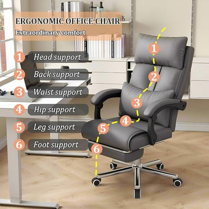 Big and Tall Office Chair, Reclining 330LBS Ergonomic Executive Desk Chair, with Lumbar Support, Silent Wheel, High Back Leather Computer Chair, Comfy Desk Chair for Home Office