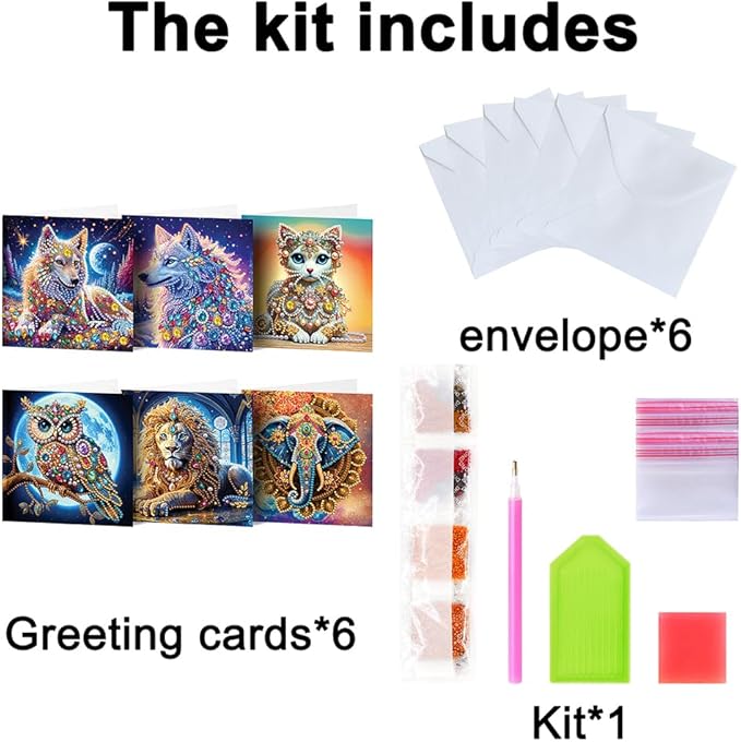 6pcs DIY Animals Diamond Art Painting Greeting Cards Kit, Rhinestone Art Holiday Birthday Card Set with Envelopes, DIY Festival Craft for Girlfriend, Christmas Valentine Gift Making Supplies