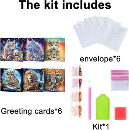 6pcs DIY Animals Diamond Art Painting Greeting Cards Kit, Rhinestone Art Holiday Birthday Card Set with Envelopes, DIY Festival Craft for Girlfriend, Christmas Valentine Gift Making Supplies