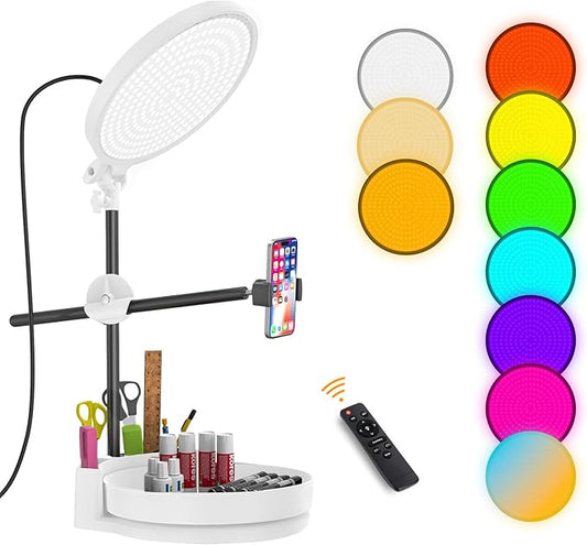 Selfie Light Kit for Desk and Laptop,55W Dimmable Full Screen Ring Light,with Rotating Storage Box,Pen Holder Stand,Phone Holder and Controller (White-RGB, 10.5)