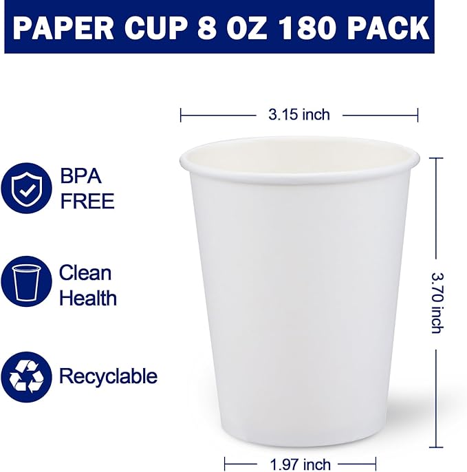 180 Count Paper Cups 8 oz, Disposable Coffee Cups Bulk, Thickened Durable Drinking Cups for Hot or Cold Beverage, Home, Office, Party, Business, Events