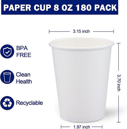 180 Count Paper Cups 8 oz, Disposable Coffee Cups Bulk, Thickened Durable Drinking Cups for Hot or Cold Beverage, Home, Office, Party, Business, Events