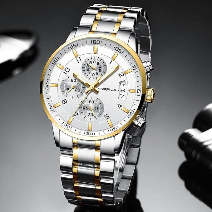 CRRJU Men's Fashion Stainless Steel Watches Date Waterproof Chronograph Wristwatches,Black Steel Band Waterproof Quartz Watch for Men