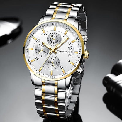 CRRJU Men's Fashion Stainless Steel Watches Date Waterproof Chronograph Wristwatches,Black Steel Band Waterproof Quartz Watch for Men