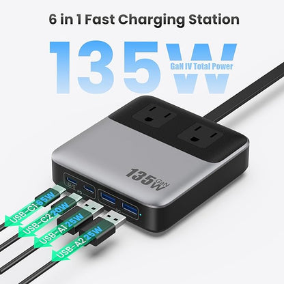 6-in-1 Charging Station USB C Power Strip with 5ft Cord and Plug,135W GaN-IV USB C Charger Block,2 AC Outlets,2 USB-A,2 USB-C for MacBook,iPhone 16/15/14,Fast Charging Desktop Charger for Office,Home