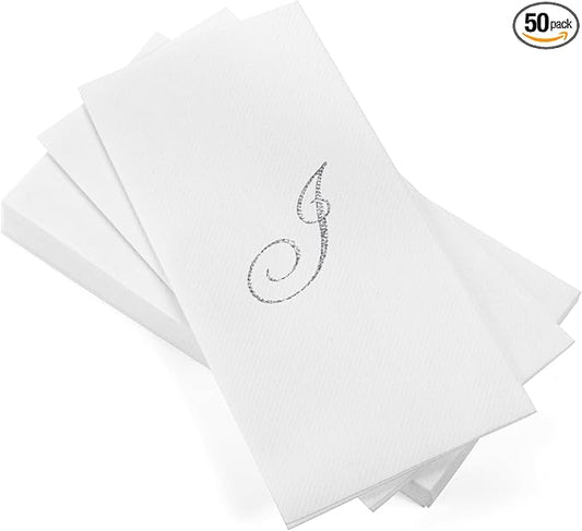 AMERICAN HOMESTEAD Disposable Hand Towels - Silver Foil Monogrammed Guest Napkins - Linen-Like Bathroom Paper Towels for Guests - Perfect Wedding and Party Napkins - 50 Count (Silver I)