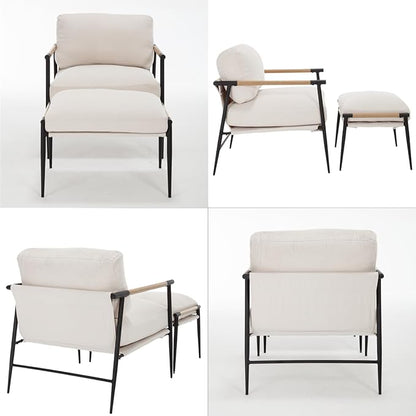 DUOMAY Mid Century Modern Accent Chair with Ottoman Set, Chenille Beige Upholstered Living Room Chair with Metal Legs Lazy Lounge Chair Set with Footrest for Bedroom Living Room