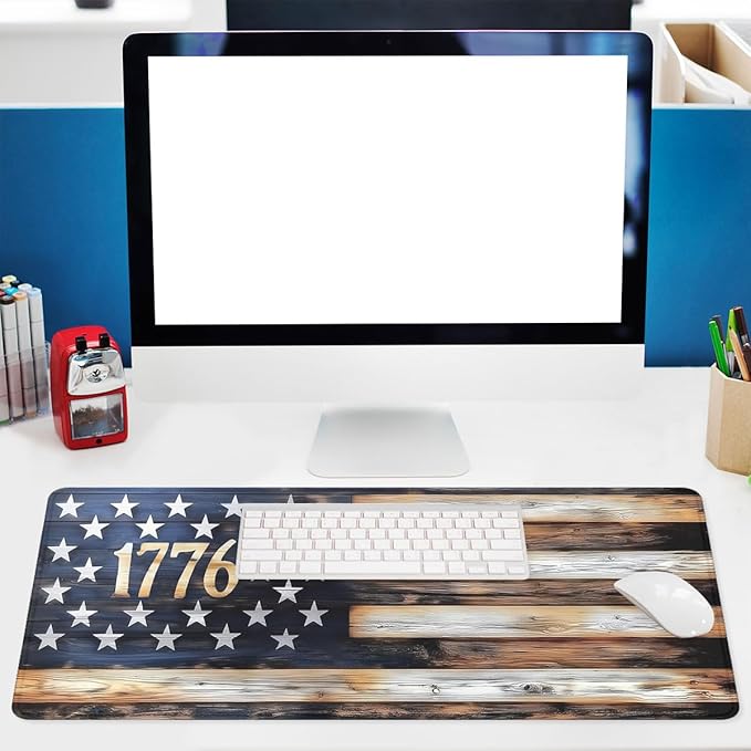 American Flag Desk Mat Patriotic Rustic Wood 1776 Rustic Large Gaming Mouse Mat with Stitched Edges,Non-Slip Waterproof Rubber Base Mous Mat 31.5"x11.8"