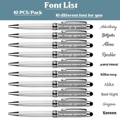 Ancolo Custom Personal Pens with Stylus Tip - Beautiful Smooth Writing Set Black ink refill - Engraved with Your Name or Slogan Perfect for Women/Lady/Girl/Teacher/Manager/10 Pens/Box