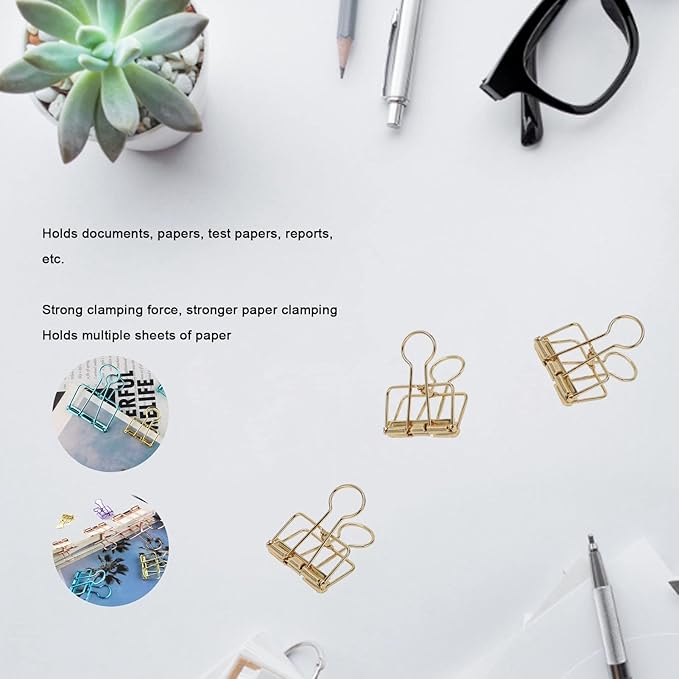 Clips 32mm Metal, 50 Pieces Strong Clamping Force, Hollow Design, Bronze - Assorted Sizes, Medium Shaped Paper Clips, Cute Office and School Supplies (Gold)