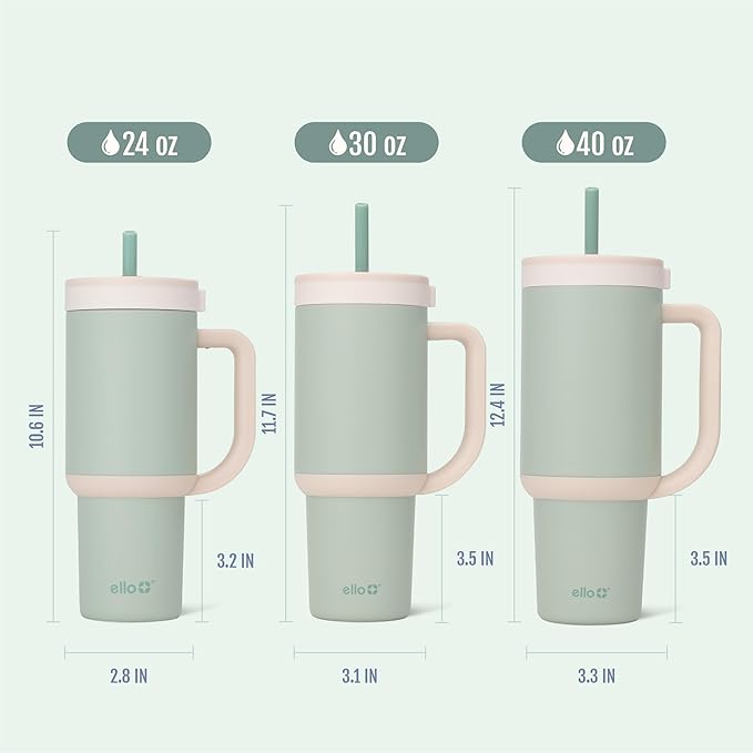 Ello Oasis 40 oz Tumbler with Handle & Retracting Straw | Reusable Insulated Stainless Steel Cup 100% Leakproof, Gifts for Teens Women Men | Keeps cold for 20 Hours, Cup Holder Friendly, Pistachio