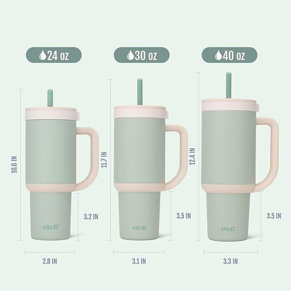 Ello Oasis 40 oz Tumbler with Handle & Retracting Straw | Reusable Insulated Stainless Steel Cup 100% Leakproof, Gifts for Teens Women Men | Keeps cold for 20 Hours, Cup Holder Friendly, Pistachio
