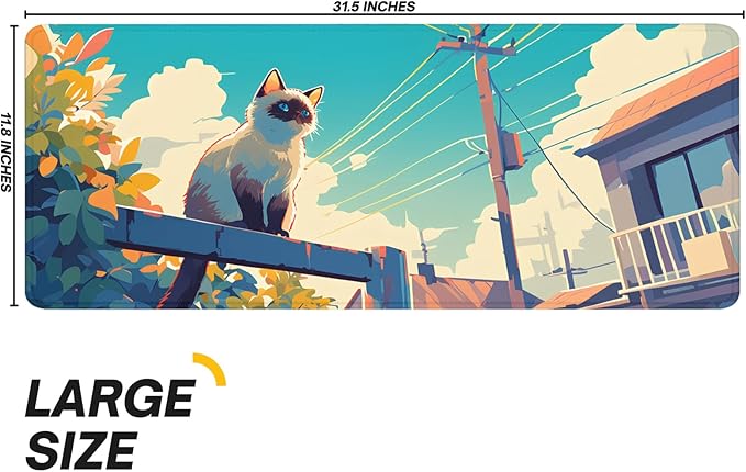 Anime Cute Cat with Sky Backgound Gaming Mouse Pad with Non-Slip Rubber Base, Large Kawaii Mousepad with Stitched Edges, Long Keyboard Mat for Laptop and Mouse, 31.5 x 11.8 inches