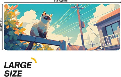 Anime Cute Cat with Sky Backgound Gaming Mouse Pad with Non-Slip Rubber Base, Large Kawaii Mousepad with Stitched Edges, Long Keyboard Mat for Laptop and Mouse, 31.5 x 11.8 inches