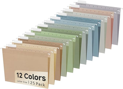 25pcs Decorative Hanging File Folders,Filing Cabinet, Letter Size with 1/5-Cut Adjustable Tab Durable 12 Color Assorted,Pastel