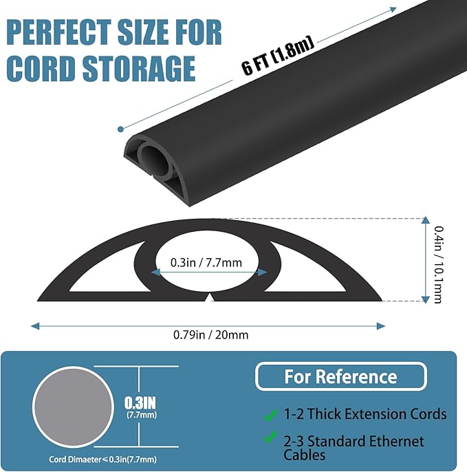Floor Cord Covers for Wires 6FT Cable Hider Wire Cover Self Adhesive Cord Hider Floor for Offices, Homes, Workshops, Warehouses Cable Cavity 0.3" W x 0.3" H