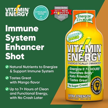 Vitamin Energy Immune+ Extra Strength Energy Shot Mango 48 Pack, 260mg Natural Caffeine, B-Vitamins, Citicoline, Green Tea, Immunity & Focus Support, Zero Sugar, Gluten-Free 1.93 fl oz