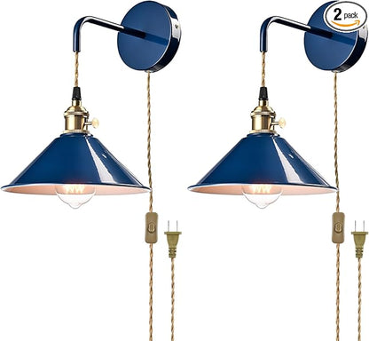 Plug-in Macaron Wall Sconce, Hanging Height-Adjustable Wall Lamp Set of Two, Hardwire Optional, Blue Industrial Wall Light Fixture for Home Office