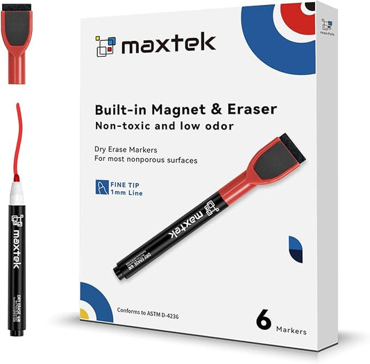 maxtek Dry Erase Markers - 6 Count Red Magnetic Dry Erase Markers Fine Tip with Eraser, Low Odor Whiteboard Markers for Calendar Boards