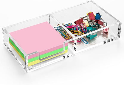 WORHE Sticky Note Holder 2 In 1, Clear Acrylic Memo Pad Holders for Desk Organization School Office Home, Post Pop Notes Dispenser for 3"X3" Note Pads (BQ210)