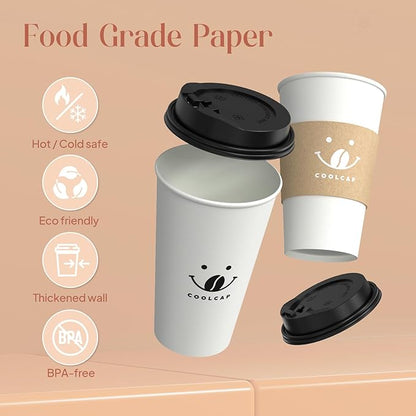 Coffee Cups with Lids and Sleeves, 16 Ounce 100 pack To Go Coffee Cups with Lids, Disposable Hot Coffee Paper Cups Bulk for Hot Beverage (16 Ounce, White)