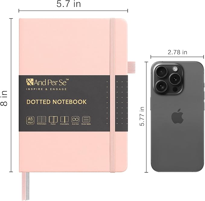 A5 Hardcover Leather Bullet Dotted Journal, 160 Pages 100 gsm Thick Paper，3 Sheets of Stickers Included - 5.7'' x 8''（Pink）