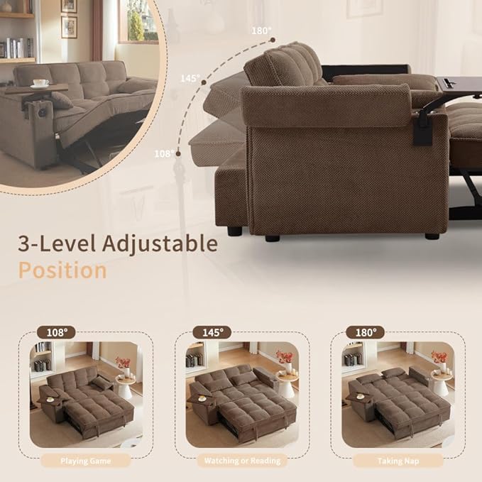 65'' Convertible Sleeper Sofa Bed with Adjustable Backrest, Chaise Lounge, Side Table & USB/Type-C Ports – Stylish & Functional Addition to Any Living Room (Brown)