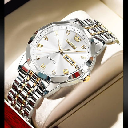 OLEVS Mens Watch Stainless Steel Analog Quartz Watches for Men Day Date Easy Read Diamond Waterproof Dress Luxury Classic Casual Big Face Blue/Black/Gold/Silver Roman Arabic Numerals Men's Wrist Watch