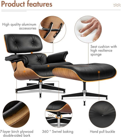 Mid Century Chaise Lounge Chair with Ottoman, Top Black Grain Leather, Modern Office Chair Classic Design, Heavy Duty Base Support for Living Room Study Lounge Office
