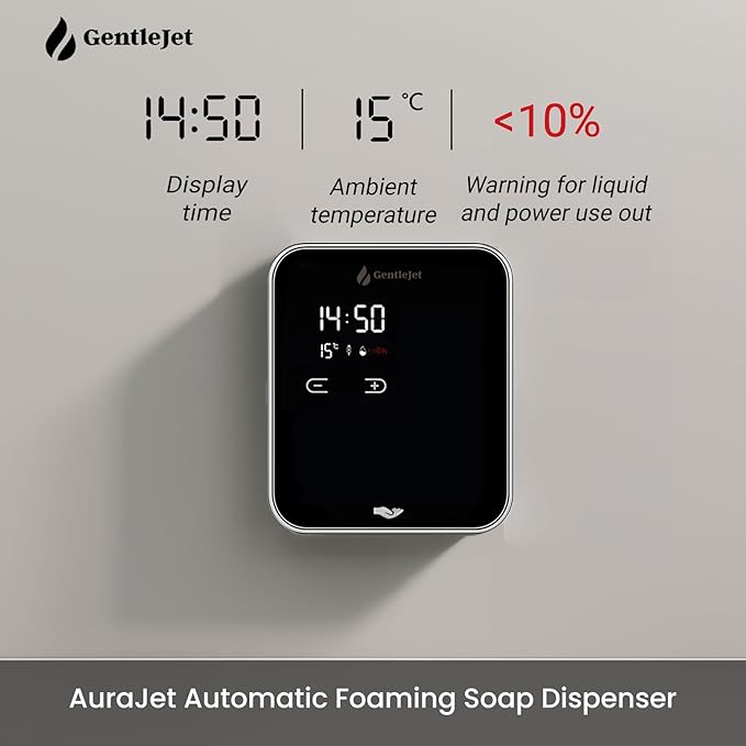 AuraJet Automatic Foaming Soap Dispenser, LED Display, Aluminum Alloy Body, 5 Foam Levels Adjustable, USB-C or Battery Powered, 16.2 oz Automatic Soap Dispenser Touchless Wall Mount