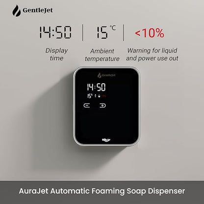 AuraJet Automatic Foaming Soap Dispenser, LED Display, Aluminum Alloy Body, 5 Foam Levels Adjustable, USB-C or Battery Powered, 16.2 oz Automatic Soap Dispenser Touchless Wall Mount