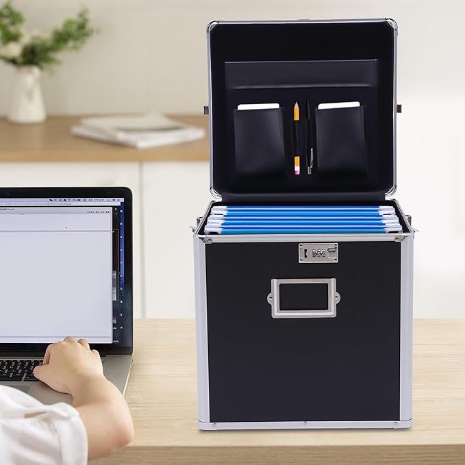 Stackable Vinyl Record Storage Box, Lockable 50 Album Storage Holder, Portable Locking File Storage Organizer with Handle, Letter/Legal File Storage,Black