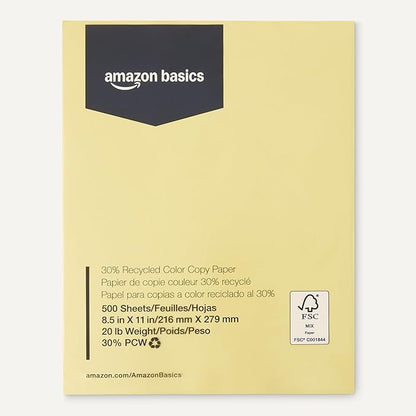 Amazon Basics 30% Recycled Color Copy Paper, 8.5" x 11", 20lb, 500 Sheets, Pastel Canary