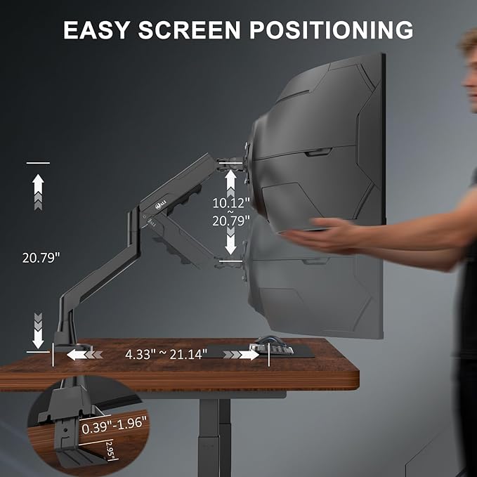 WALI Single Monitor Arm with Desk Mount for 17–49 Inch Screens – Holds Up to 33 lbs, Fully Adjustable VESA Monitor Stand, Heavy Duty Gas Spring for Gaming & Home Office (GSM001XLN)