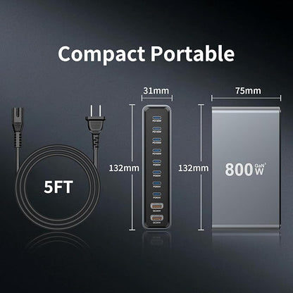 800W GaN3 10-Port USB-C Charging Station - Fast Charger for Laptops, Tablets, Smartphones, and More (Black)