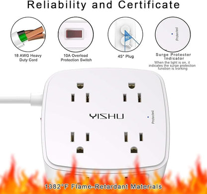 Surge Protector Power Strip - YISHU 8 Widely Outlets with 2 USB-C(PD 30W) and 2 USB-A Ports, 3 Side Outlet Extender with 6Ft Flat Plug Extension Cord, Wall Mount, Desk USB Charging Station, ETL,White