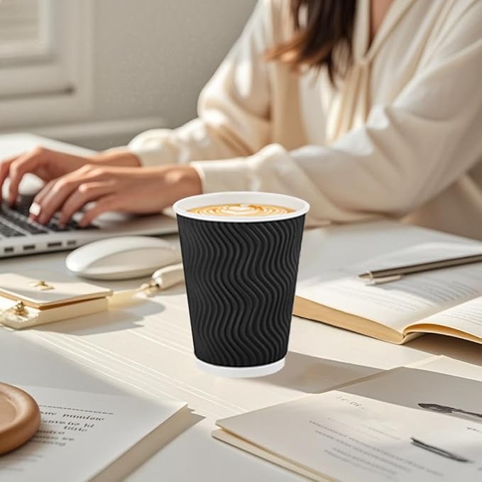 500 Pack 12oz Disposable Coffee Cups,Insulated Ripple Wall Paper Coffee Cups Bulk 12ounce,Hot & Cold Beverage Cup for Party,Home,Office,Cafe,Travel(Black)