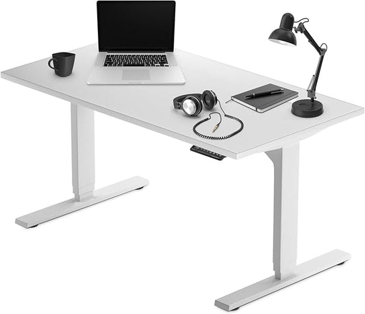 Progressive Desk Stand Up Height Adjustable Electric Standing Desk - 55" x 28" with Dual Motor, 3 Stages Sit Stand Table for Home Office - Warm White, White Frame