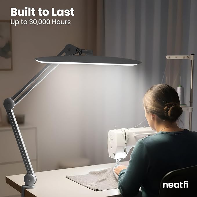 Neatfi XL LED Desk Lamp with Clamp, 2200 Lumens, 24W, 20-Inch Wide Head, Dimmable 4 Brightness Levels, Task Light for Home Office, Crafts, Workbench (Non-CCT, Silver)