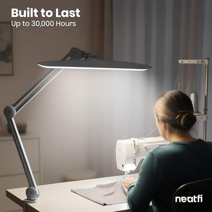 Neatfi XL LED Desk Lamp with Clamp, 2200 Lumens, 24W, 20-Inch Wide Head, Dimmable 4 Brightness Levels, Task Light for Home Office, Crafts, Workbench (Non-CCT, Silver)
