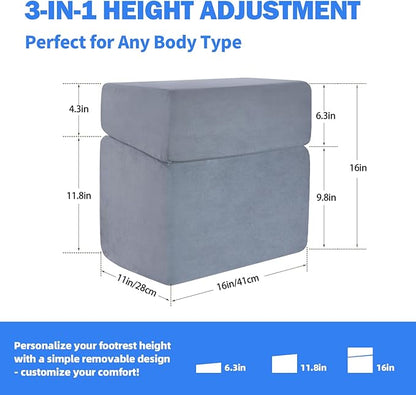 Adjustable Foot Rest for Under Desk - 3-in-1 Ergonomic Foot Stool with Zipper Connection, 6.3"/11.8"/16" Height Adjustable for Office, Home & Gaming (Gray)