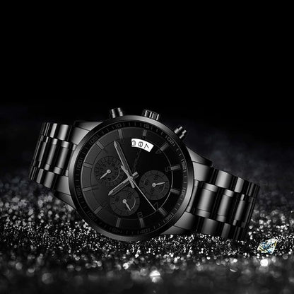 CRRJU Men's Fashion Stainless Steel Watches Date Waterproof Chronograph Wristwatches,Black Steel Band Waterproof Quartz Watch for Men