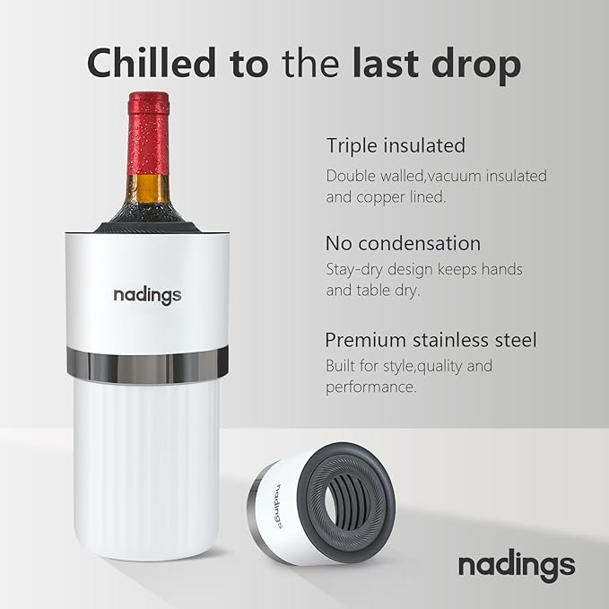Wine Chiller for 750ml Bottles | Portable & Iceless, Keeps Wine/Champagne/Beer Cold 6+ Hours | Vacuum Insulated Stainless Steel | Ideal for Outdoor, Parties & Gifts – White