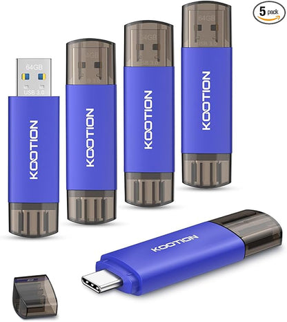 64GB USB C Flash Drive 5-Pack, KOOTION 2-in-1 Type-C Flash Drive USB-A&USB-C 3.0 Dual Drive OTG, Thumb Drive Memory Stick for Android Smartphone/Tablet/PC